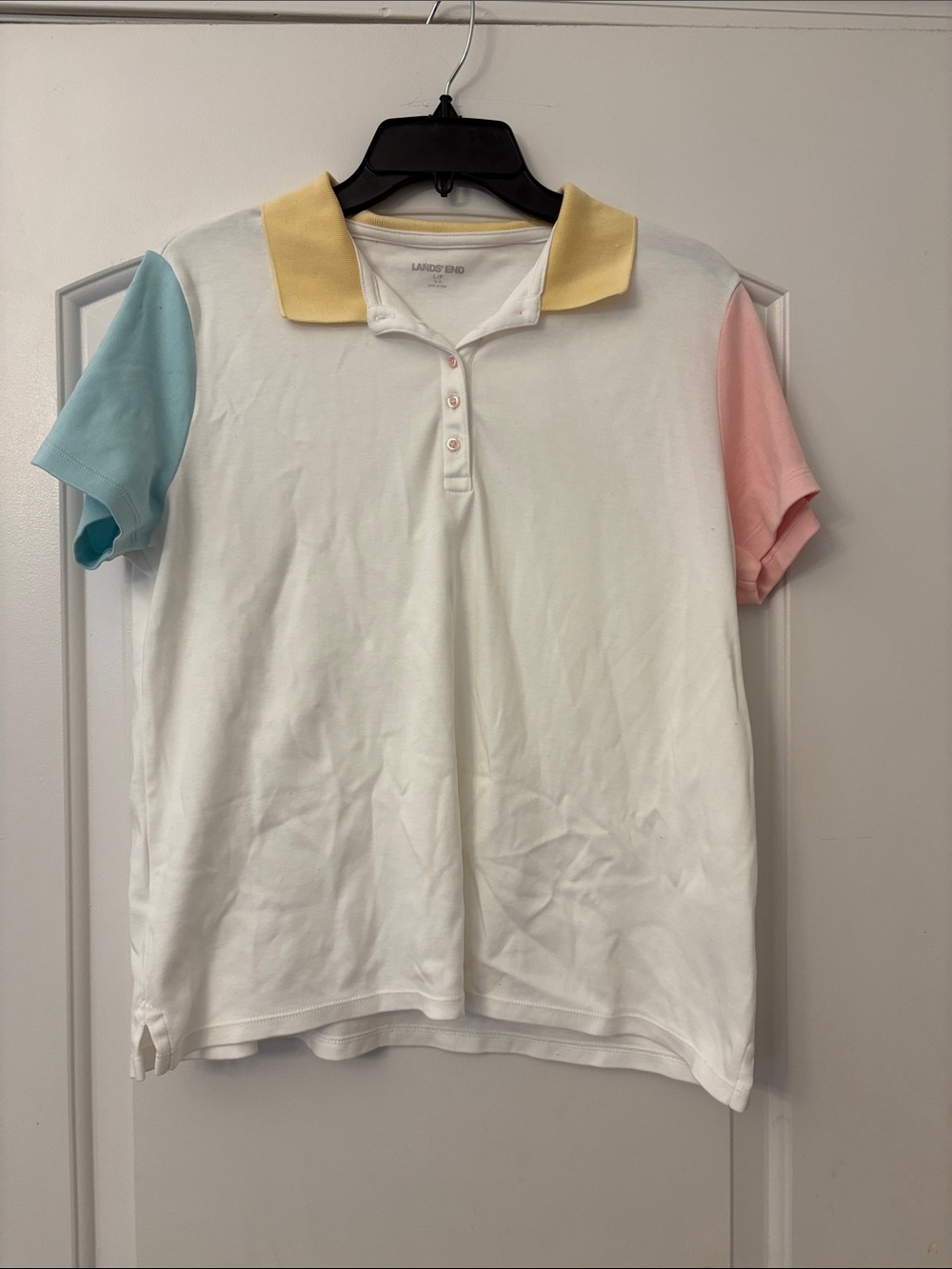 Lands' End White Polo with Yellow Collar and Pastel Sleeves
